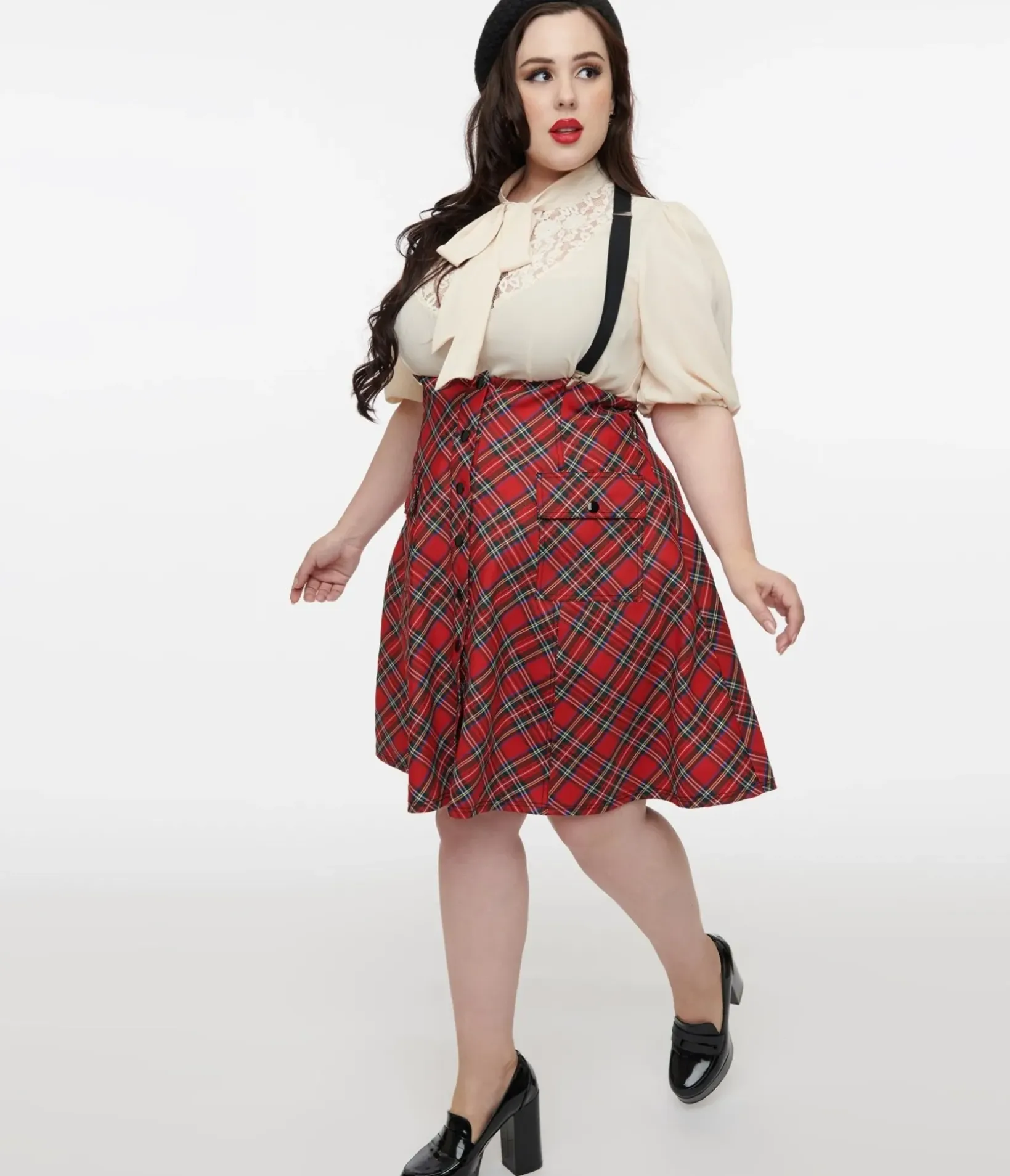 Unique Vintage Skirts|Skirts>Plus Size 1950s Red Bias Plaid Suspender Flare Skirt