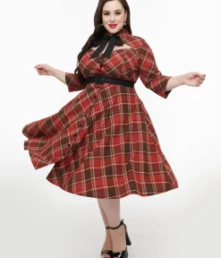 Unique Vintage Swing|Pocket Dresses>Plus Size 1950s Red & Brown Bias Plaid Swing Dress