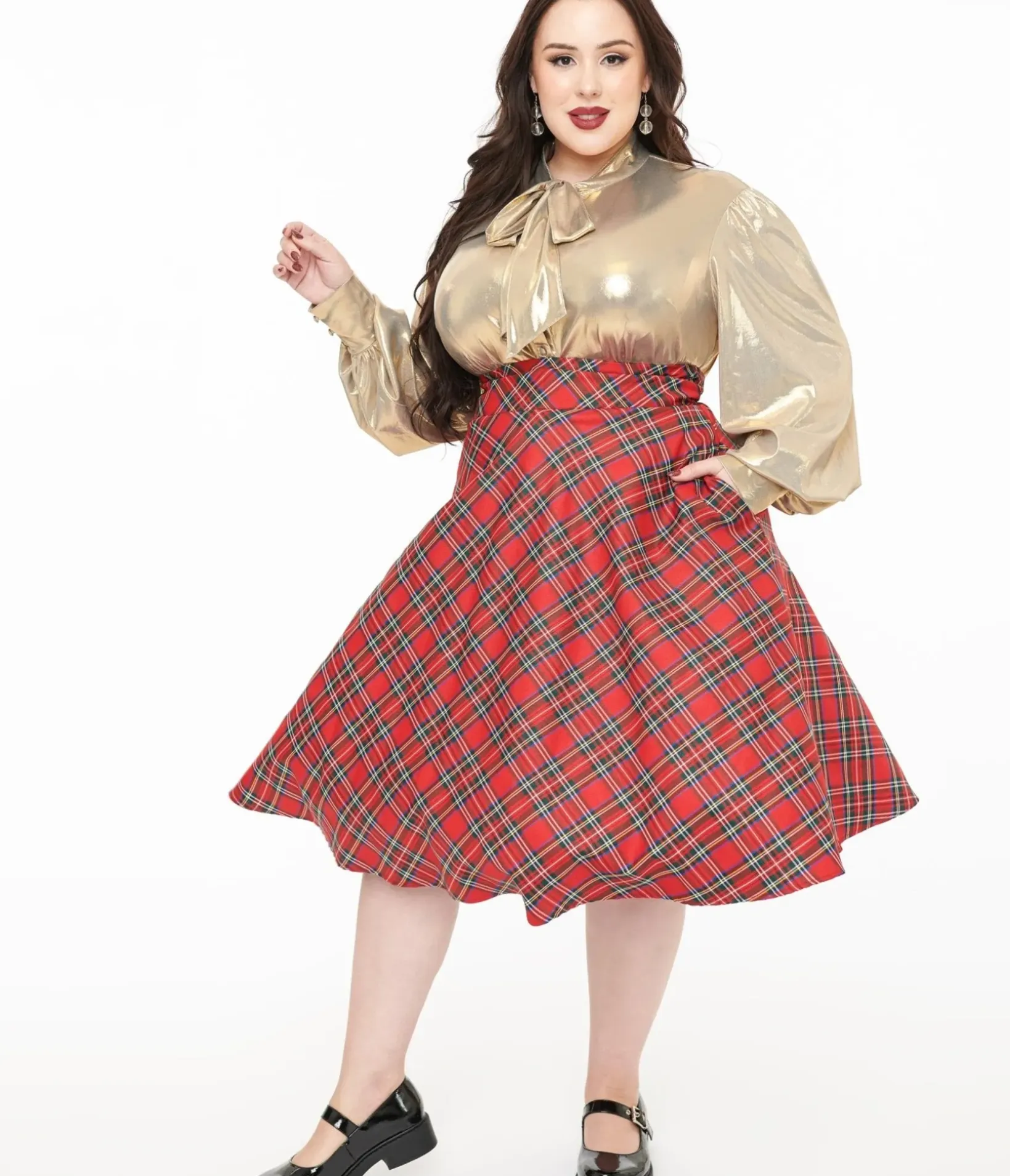 Unique Vintage Skirts|Skirts>Plus Size 1950s Red Plaid High Waist Vivien Swing Skirt