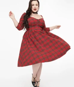 Unique Vintage Swing|Swing>Plus Size 1950s Red Plaid Lamar Swing Dress