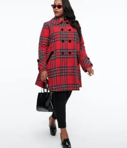 Unique Vintage Jackets|Coats & Jackets>Plus Size 1960s Red Plaid Peacoat