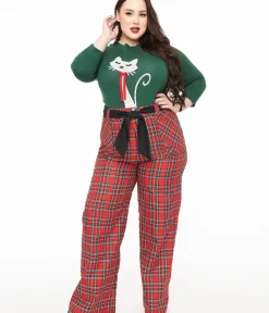 Unique Vintage Pants|Pants>Plus Size 1950s Red Plaid Wide Leg Trousers
