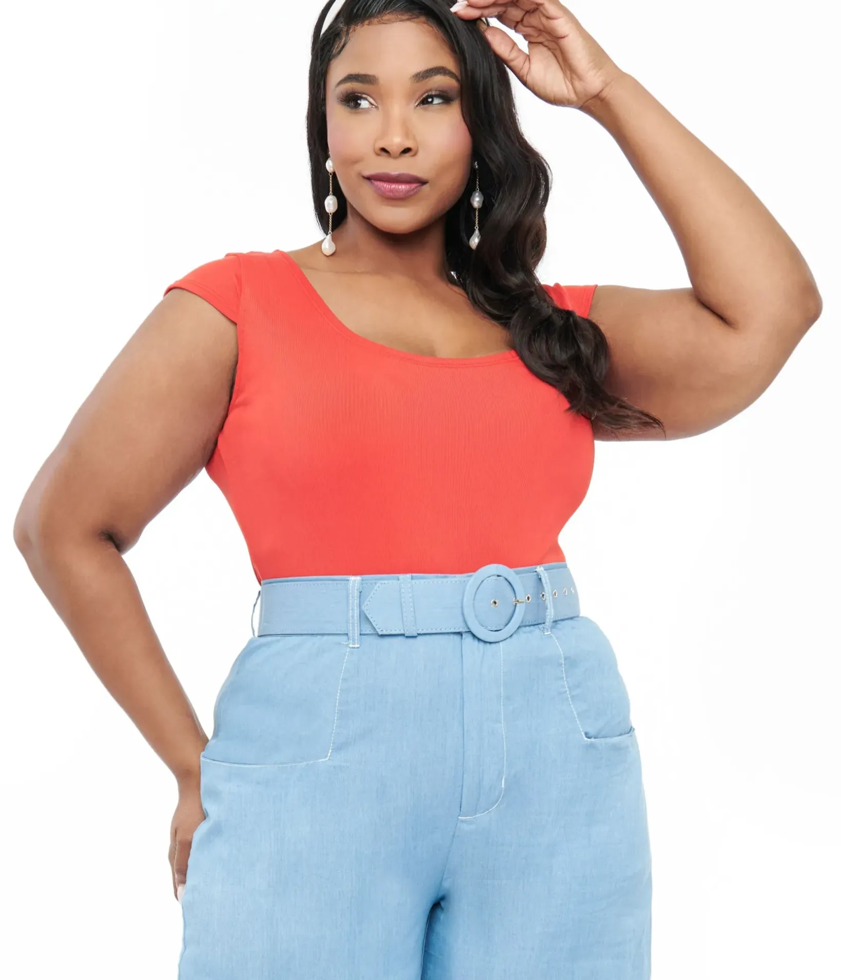Unique Vintage All Things Red>Plus Size 1950s Red Scoop Neck Bodysuit