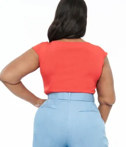 Unique Vintage All Things Red>Plus Size 1950s Red Scoop Neck Bodysuit