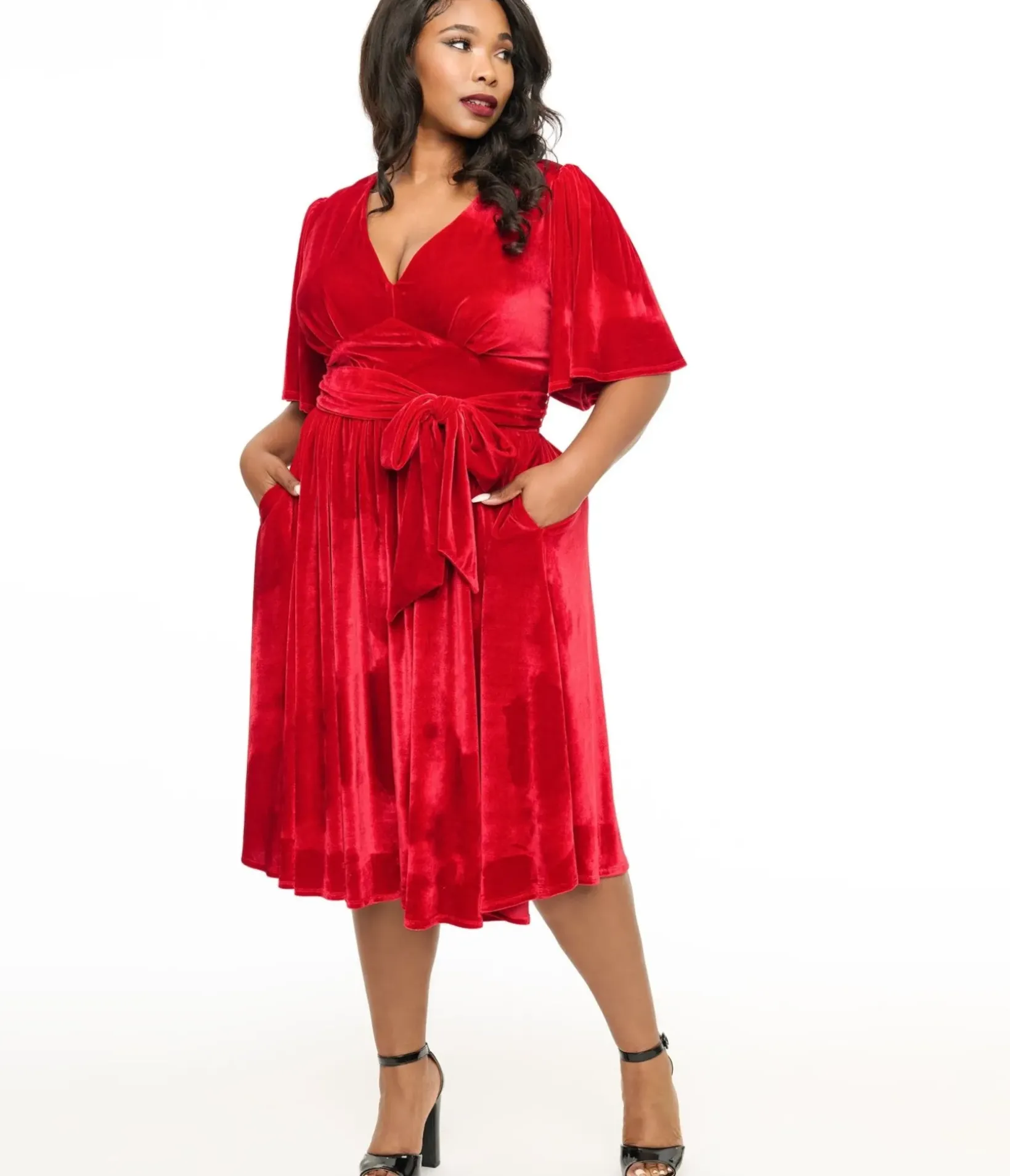 Unique Vintage Swing|Pocket Dresses>Plus Size 1940s Red Velvet Flutter Sleeve Swing Dress