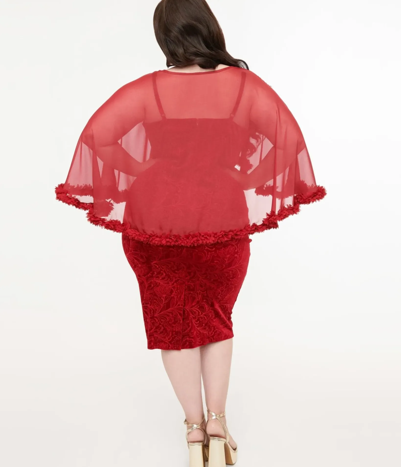 Unique Vintage Pencil|Pencil>Plus Size 1960s Red Velvet Ruffle Capelet Wiggle Dress