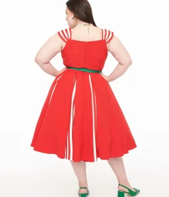 Unique Vintage Swing|Swing>Plus Size 1950s Red & White Stripe Swing Dress