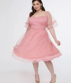 Unique Vintage Swing|Swing>Plus Size 1950s Rose Ruffle Sweetheart Swing Dress