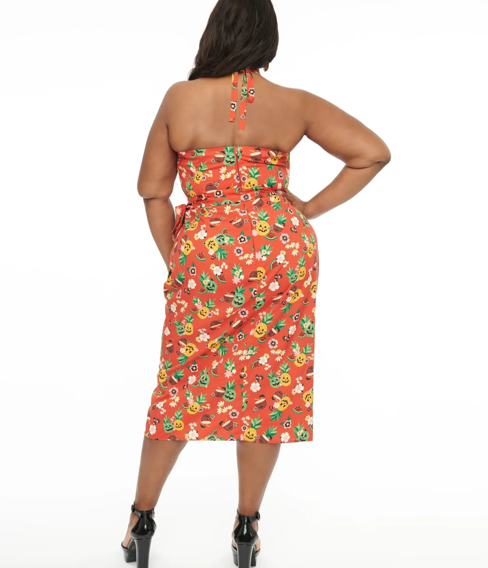 Unique Vintage Pencil|Pencil>Plus Size 1950s Rust & June-O-Ween Fruit Print Leilani Sarong Dress
