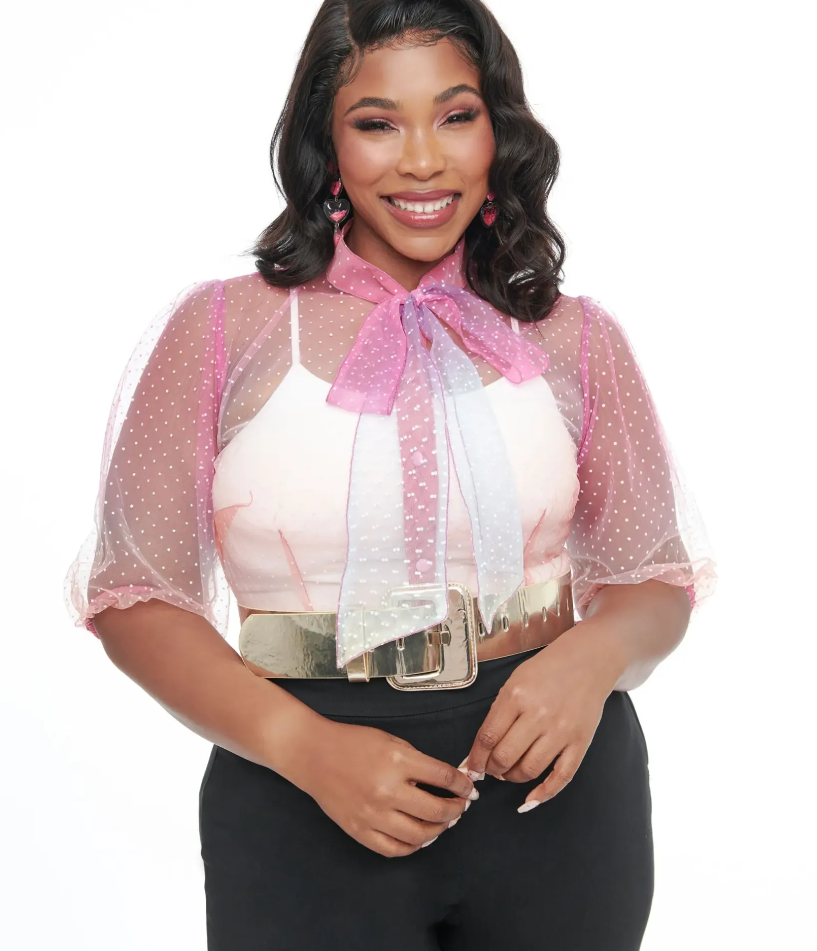 Unique Vintage Blouses|Blouses>Plus Size 1940s Sheer Rainbow Clip Dot Tie Neck Gwen Blouse
