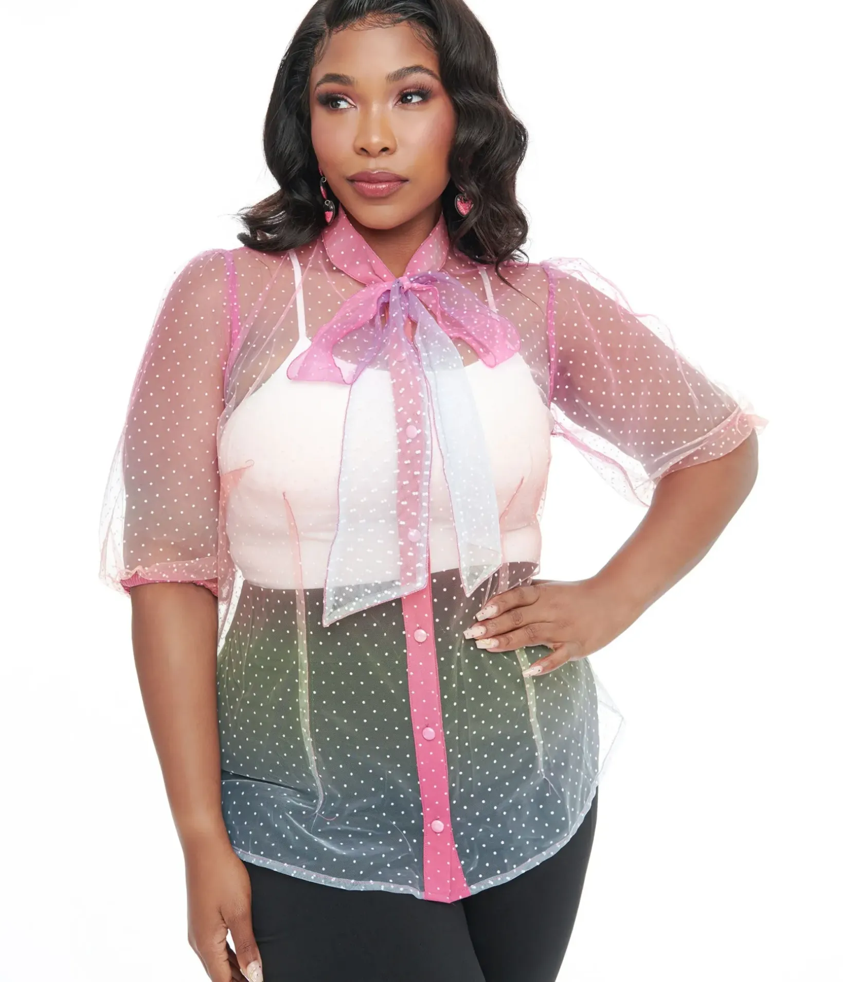 Unique Vintage Blouses|Blouses>Plus Size 1940s Sheer Rainbow Clip Dot Tie Neck Gwen Blouse