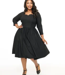 Unique Vintage Swing|Pocket Dresses>Plus Size 1950s Solid Black Sweetheart Swing Dress