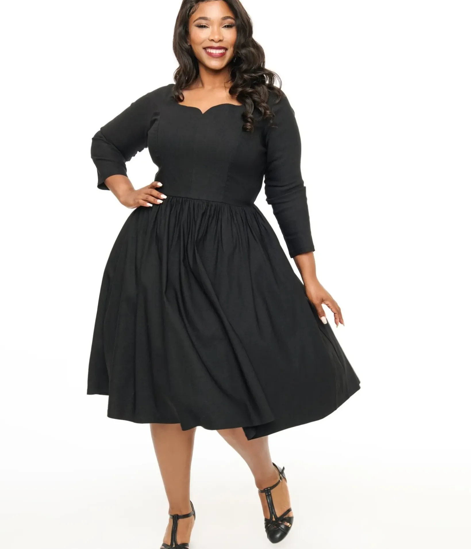 Unique Vintage Swing|Pocket Dresses>Plus Size 1950s Solid Black Sweetheart Swing Dress
