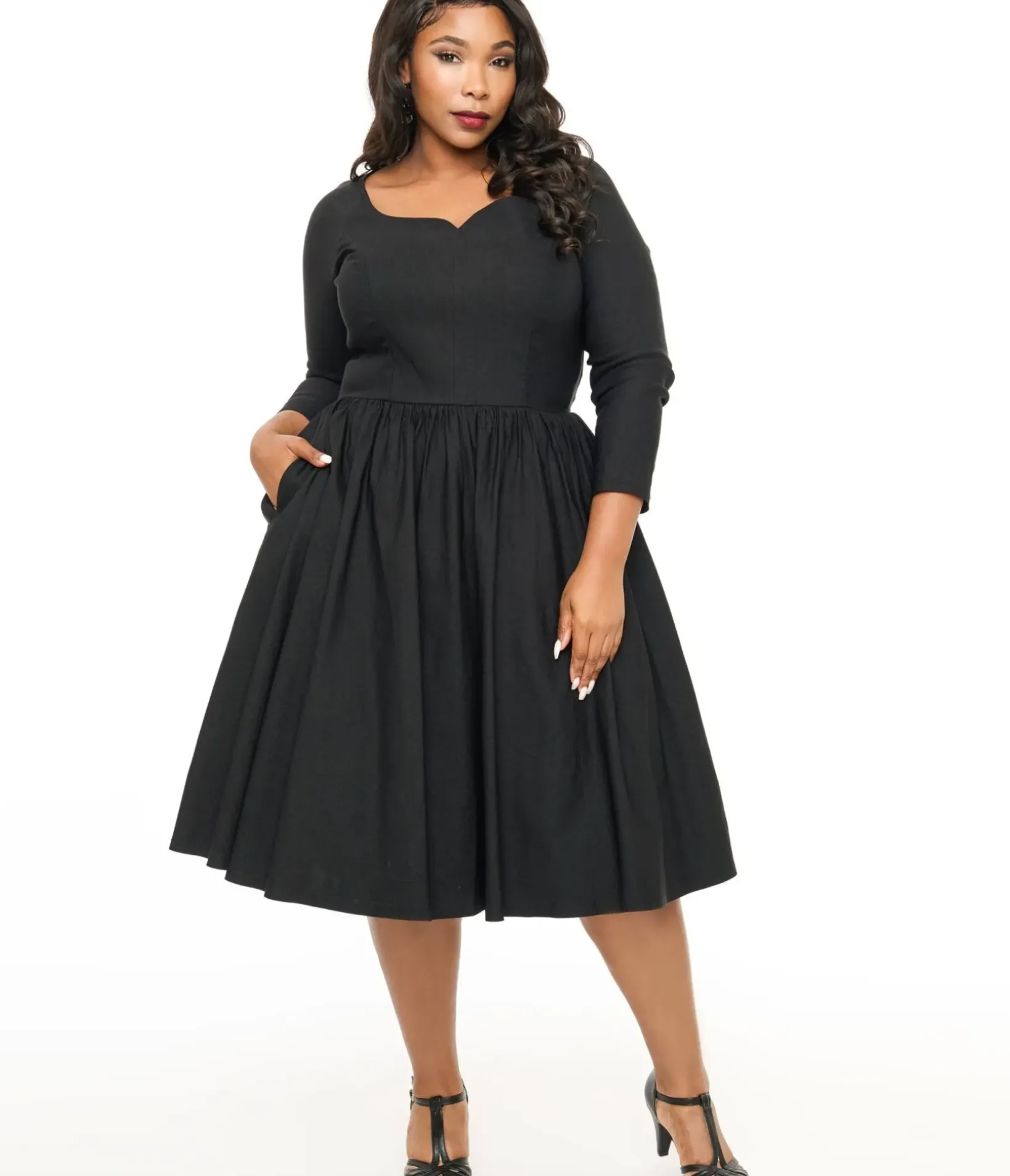 Unique Vintage Swing|Pocket Dresses>Plus Size 1950s Solid Black Sweetheart Swing Dress