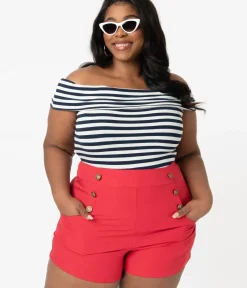 Unique Vintage Shorts|Shorts>Plus Size 1940s Style Red High Waist Sailor Debbie Shorts