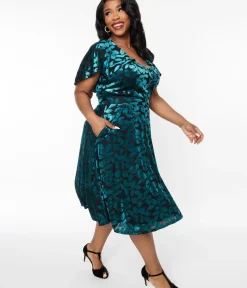 Unique Vintage Swing|Pocket Dresses>Plus Size 1950s Teal & Black Velvet Burnout Capelet Swing Dress