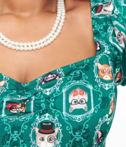 Unique Vintage Swing|Pocket Dresses>Plus Size 1950s Teal Cat Print Swing Dress