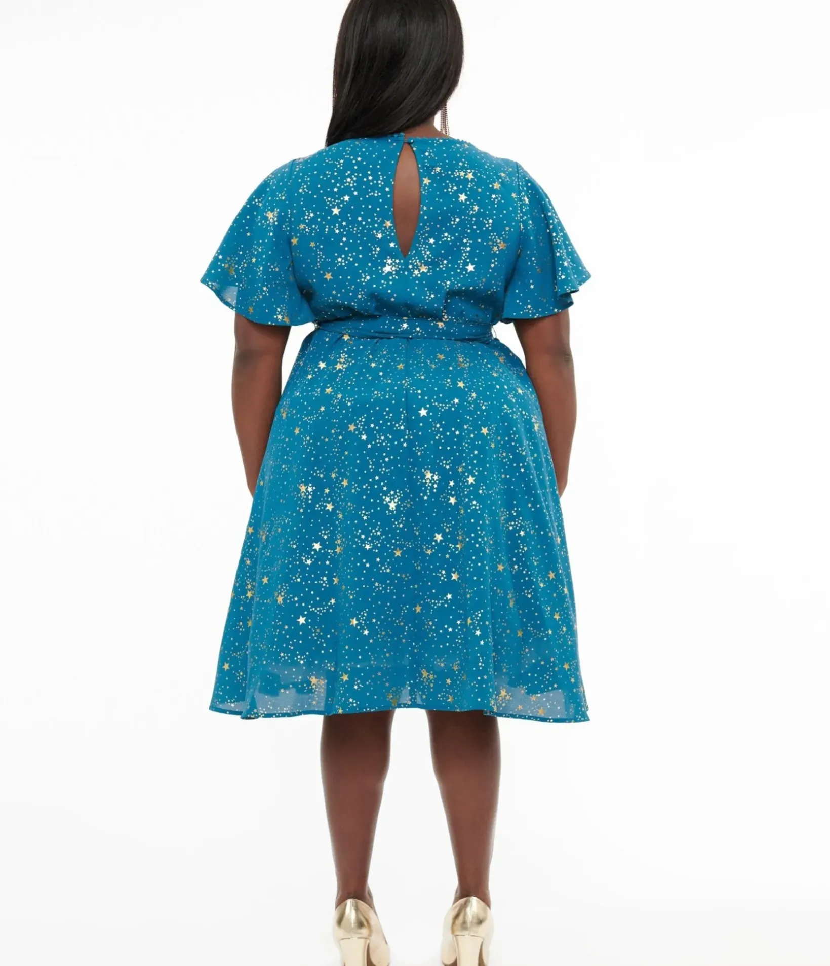 Unique Vintage Swing|Swing>Plus Size 1930s Teal & Gold Star Swing Dress