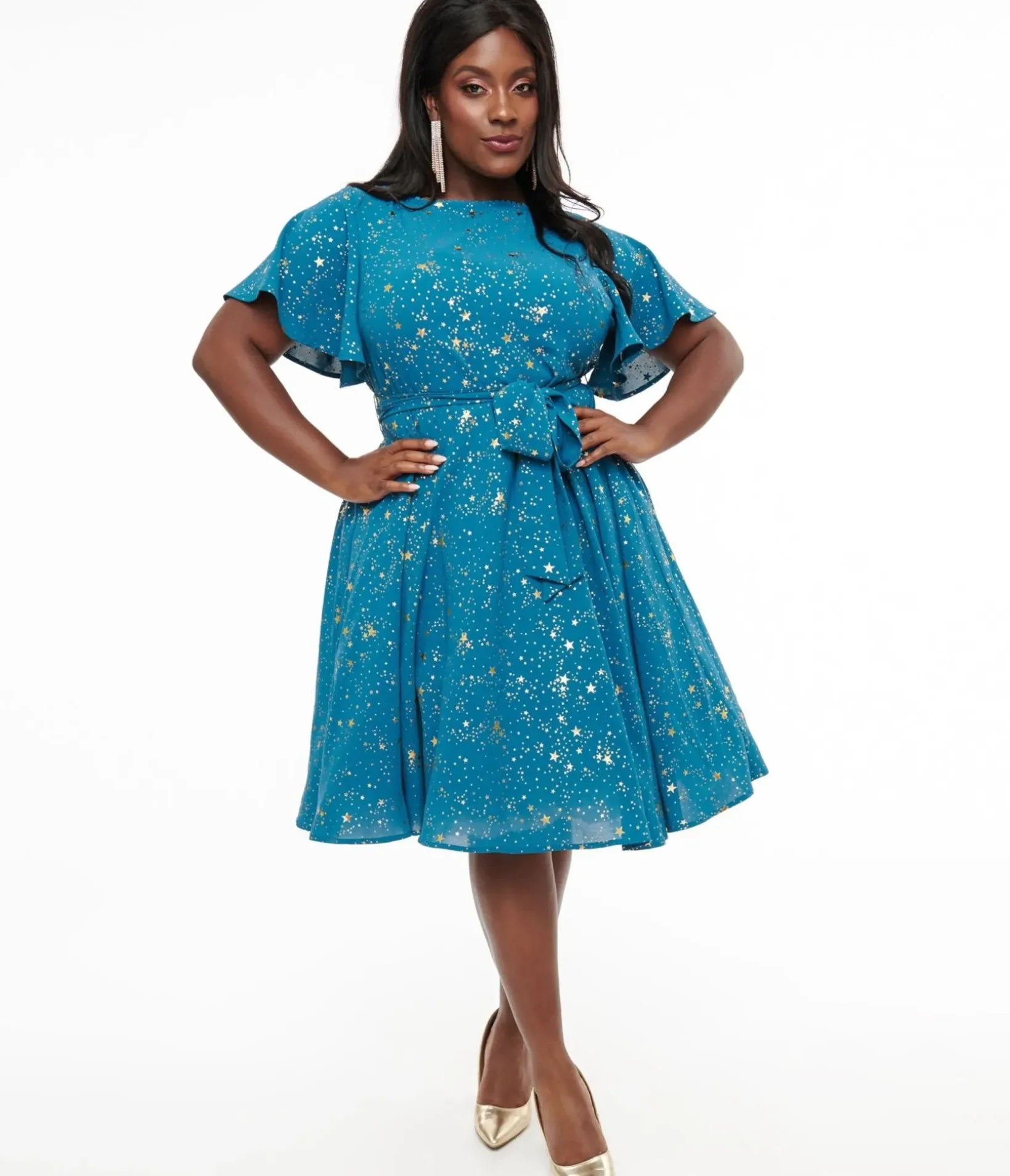 Unique Vintage Swing|Swing>Plus Size 1930s Teal & Gold Star Swing Dress