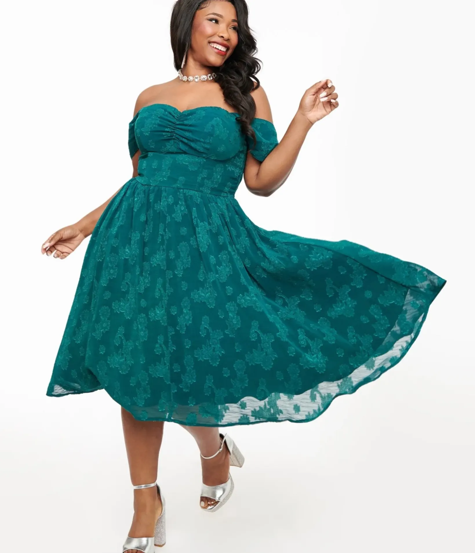 Unique Vintage Fit & Flare|Pocket Dresses>Plus Size 1950s Teal Jacquard Off Shoulder Flare Dress