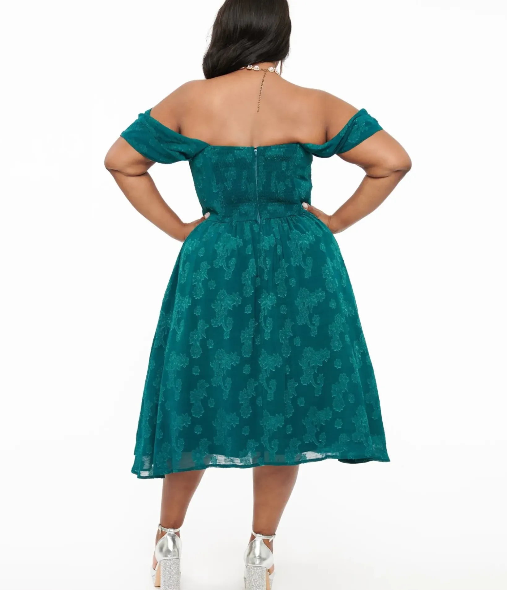 Unique Vintage Fit & Flare|Pocket Dresses>Plus Size 1950s Teal Jacquard Off Shoulder Flare Dress