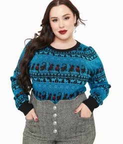 Unique Vintage Sweaters & Cardigans|Sweaters & Cardigans>Plus Size 1950s Teal Snowflakes & Cats Sweater