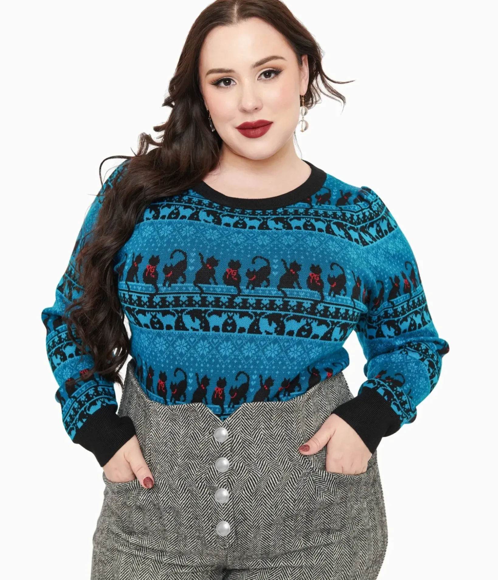 Unique Vintage Sweaters & Cardigans|Sweaters & Cardigans>Plus Size 1950s Teal Snowflakes & Cats Sweater