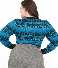 Unique Vintage Sweaters & Cardigans|Sweaters & Cardigans>Plus Size 1950s Teal Snowflakes & Cats Sweater