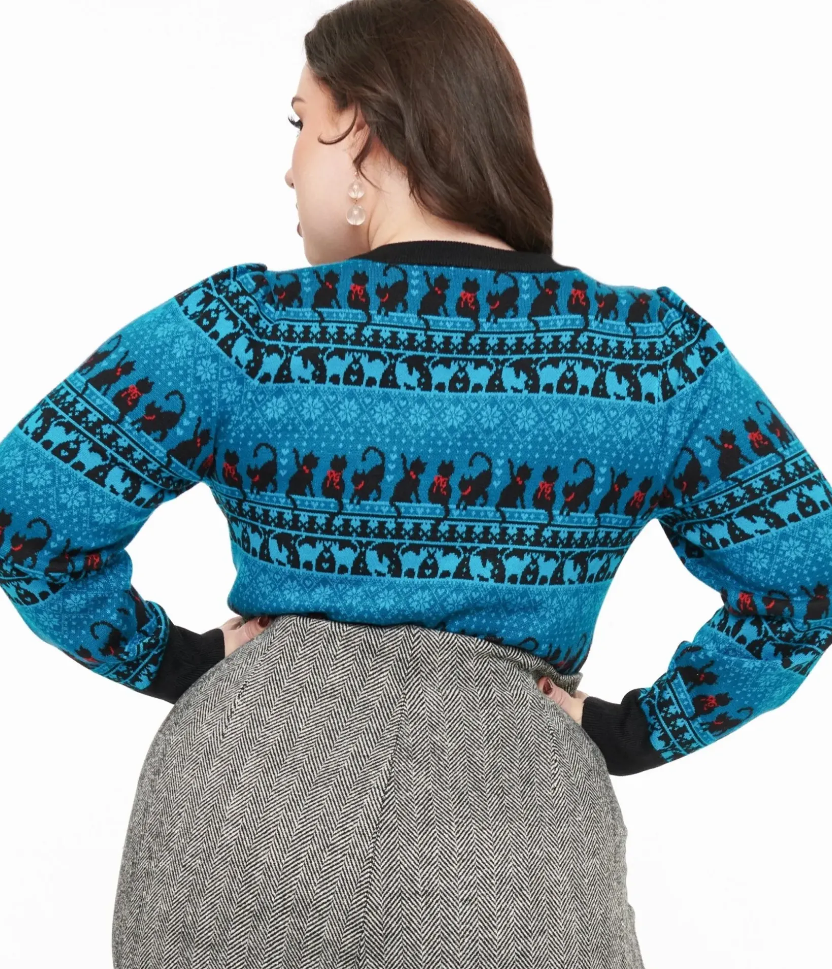 Unique Vintage Sweaters & Cardigans|Sweaters & Cardigans>Plus Size 1950s Teal Snowflakes & Cats Sweater