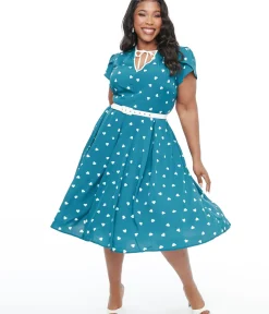 Unique Vintage Swing|Pocket Dresses>Plus Size 1940s Teal & White Heart Dahlia Swing Dress