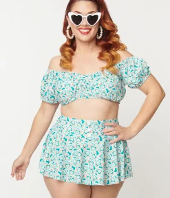 Unique Vintage Two Piece Swim|Swim Tops>Plus Size 1940s Turquoise Retro Hearts Off The Shoulder Swim Top