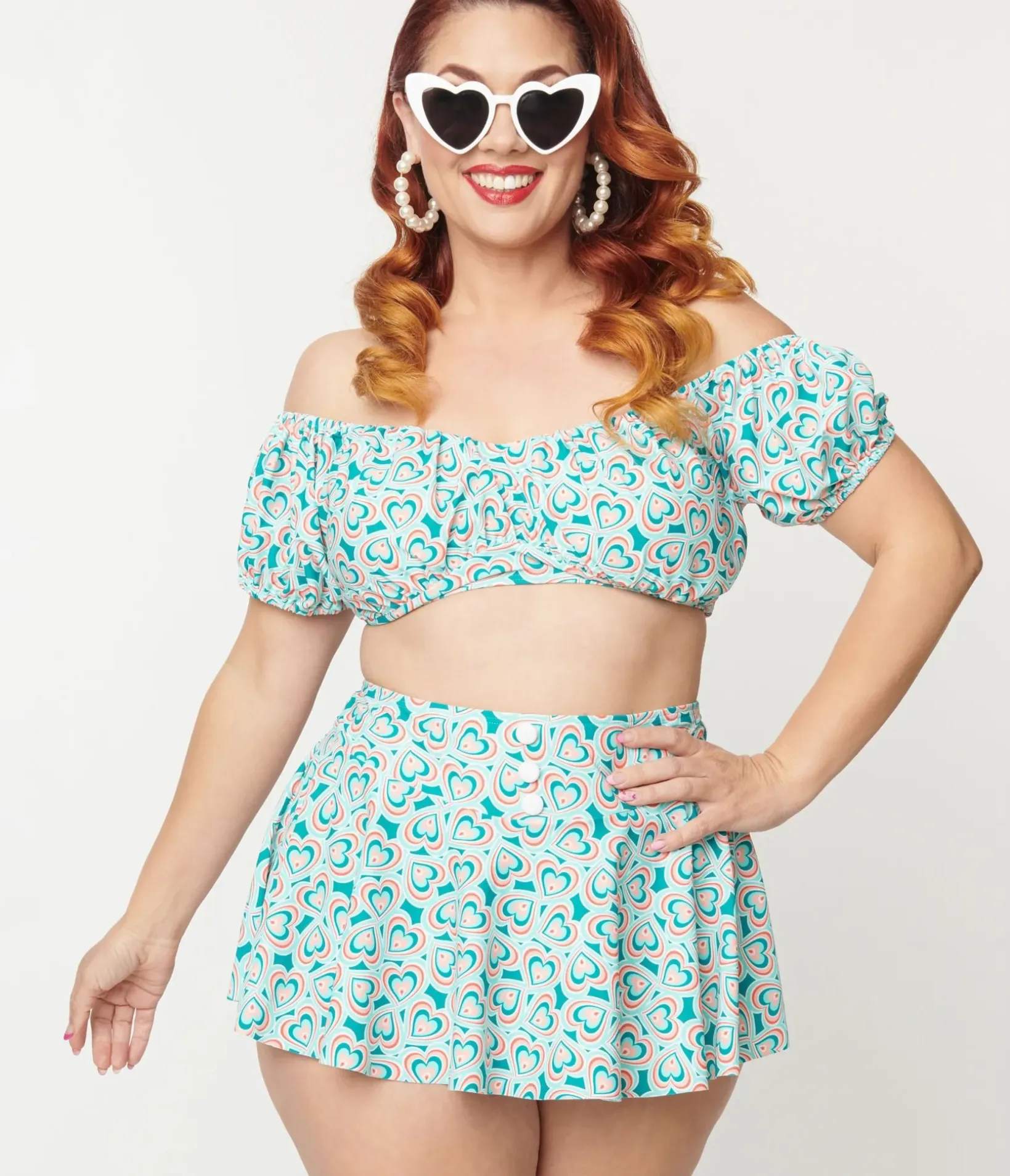 Unique Vintage Two Piece Swim|Swim Tops>Plus Size 1940s Turquoise Retro Hearts Off The Shoulder Swim Top