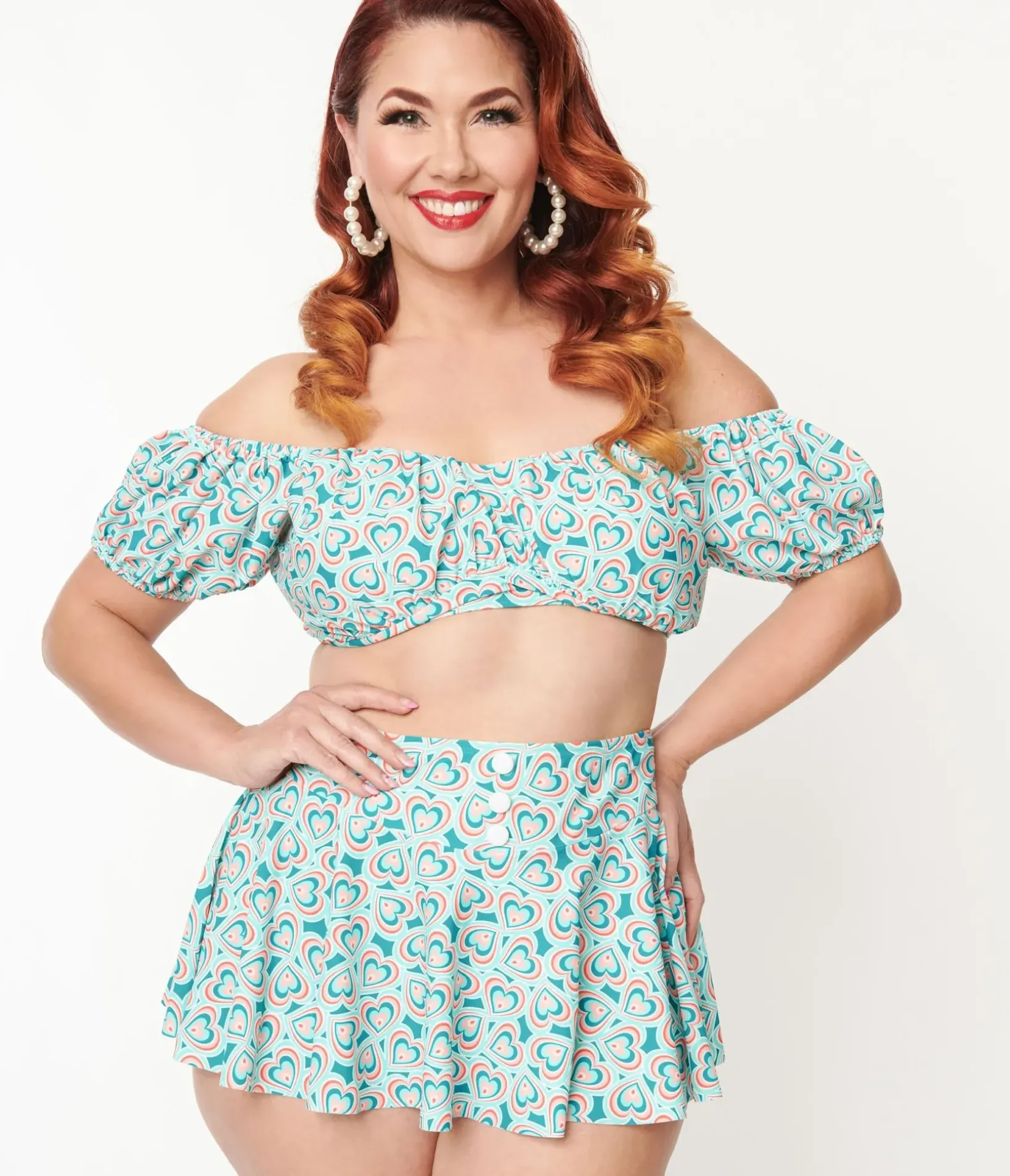 Unique Vintage Two Piece Swim|Swim Tops>Plus Size 1940s Turquoise Retro Hearts Off The Shoulder Swim Top