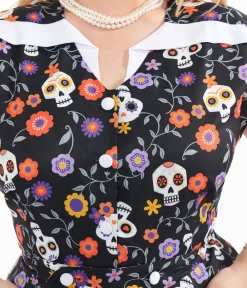 Unique Vintage Pocket Dresses|All Things Black>Plus Size Sugar Skulls Hedda Swing Dress