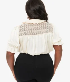 Unique Vintage Blouses|Blouses>Plus Size 1940s White Holiday Lights Cotton Blouse