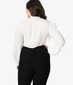 Unique Vintage Blouses|Blouses>Plus Size 1940s White Neck Tie Gwen Blouse