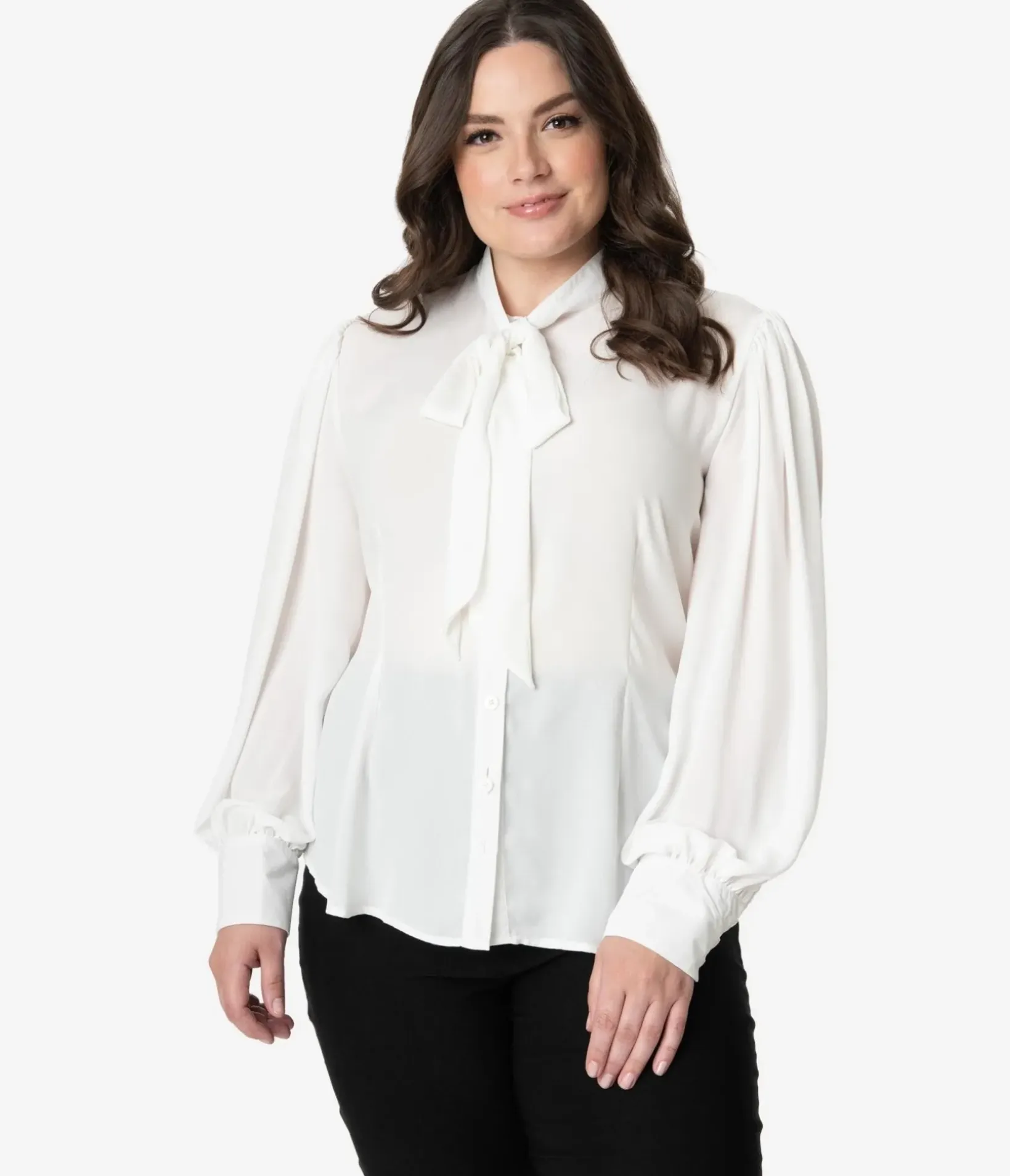 Unique Vintage Blouses|Blouses>Plus Size 1940s White Neck Tie Gwen Blouse