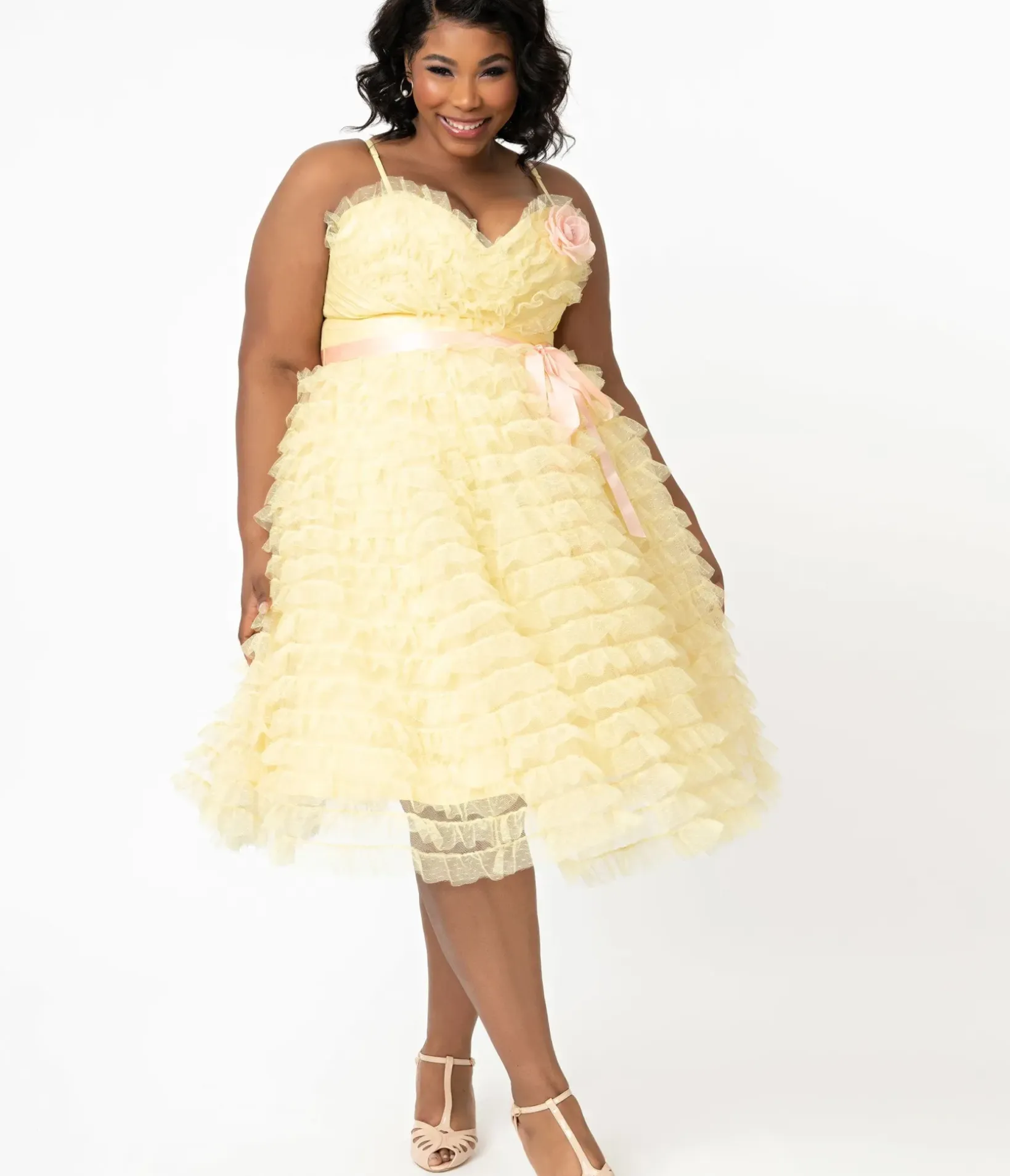 Unique Vintage Swing|Swing>Plus Size 1950s Yellow Tulle Cupcake Swing Dress
