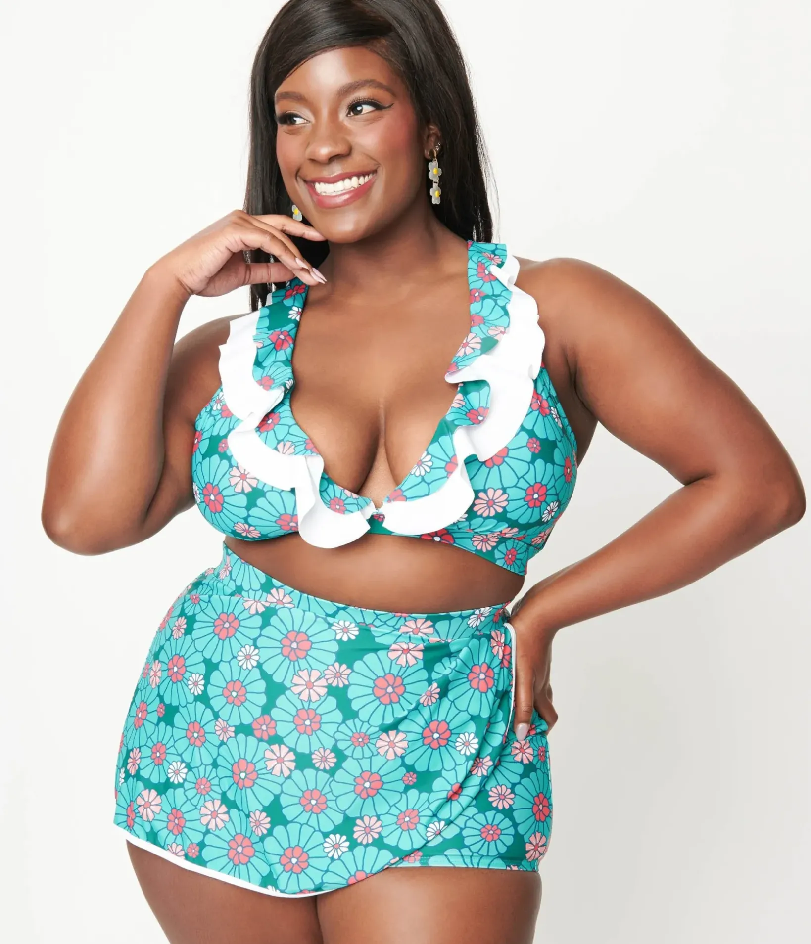 Unique Vintage Two Piece Swim|Swim Tops>Plus Size Teal Flower Child Halter Swim Top