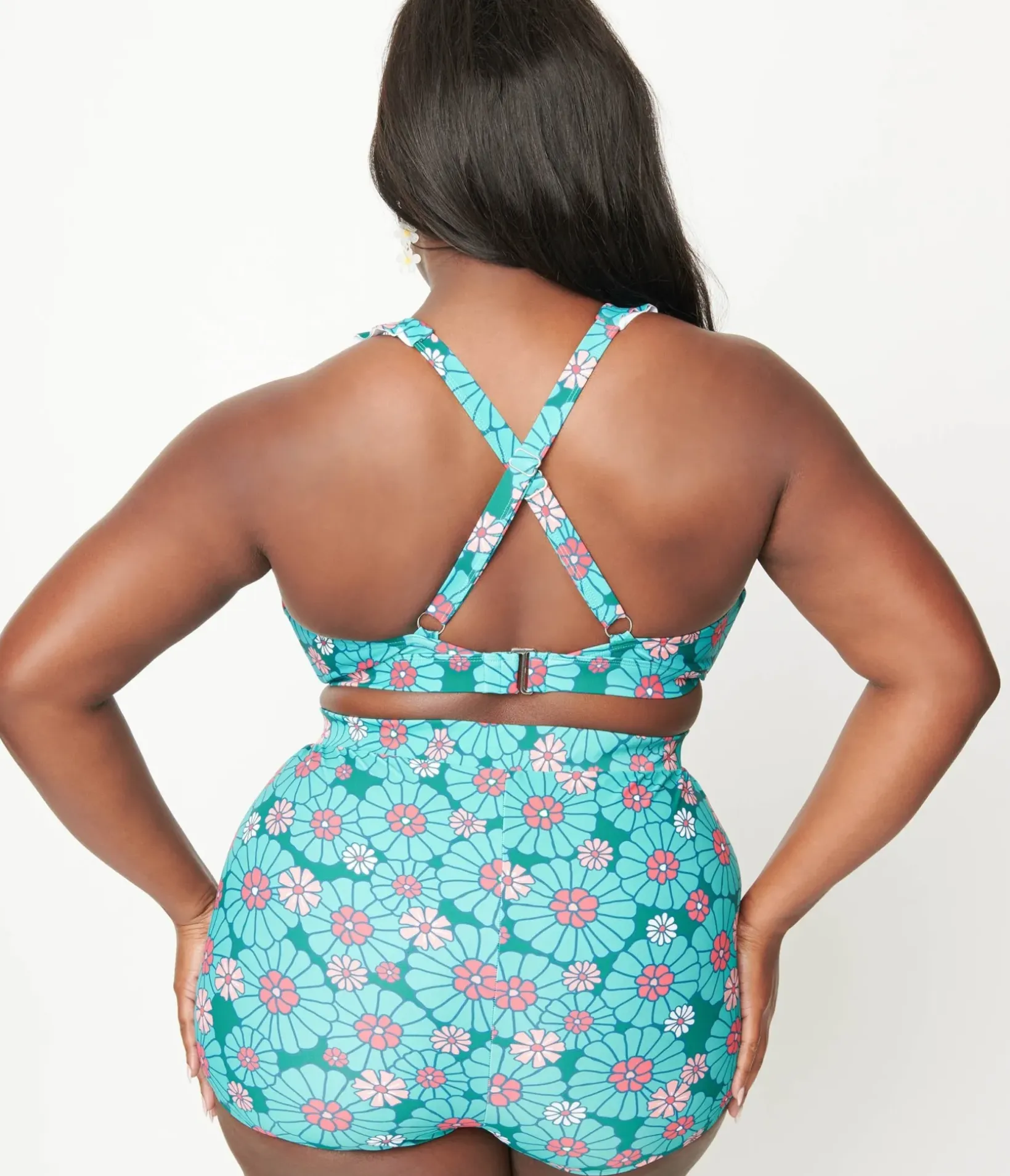 Unique Vintage Two Piece Swim|Swim Tops>Plus Size Teal Flower Child Halter Swim Top