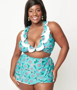 Unique Vintage Two Piece Swim|Swim Bottoms>Plus Size Teal Flower Child High Waist Skort Swim Bottom