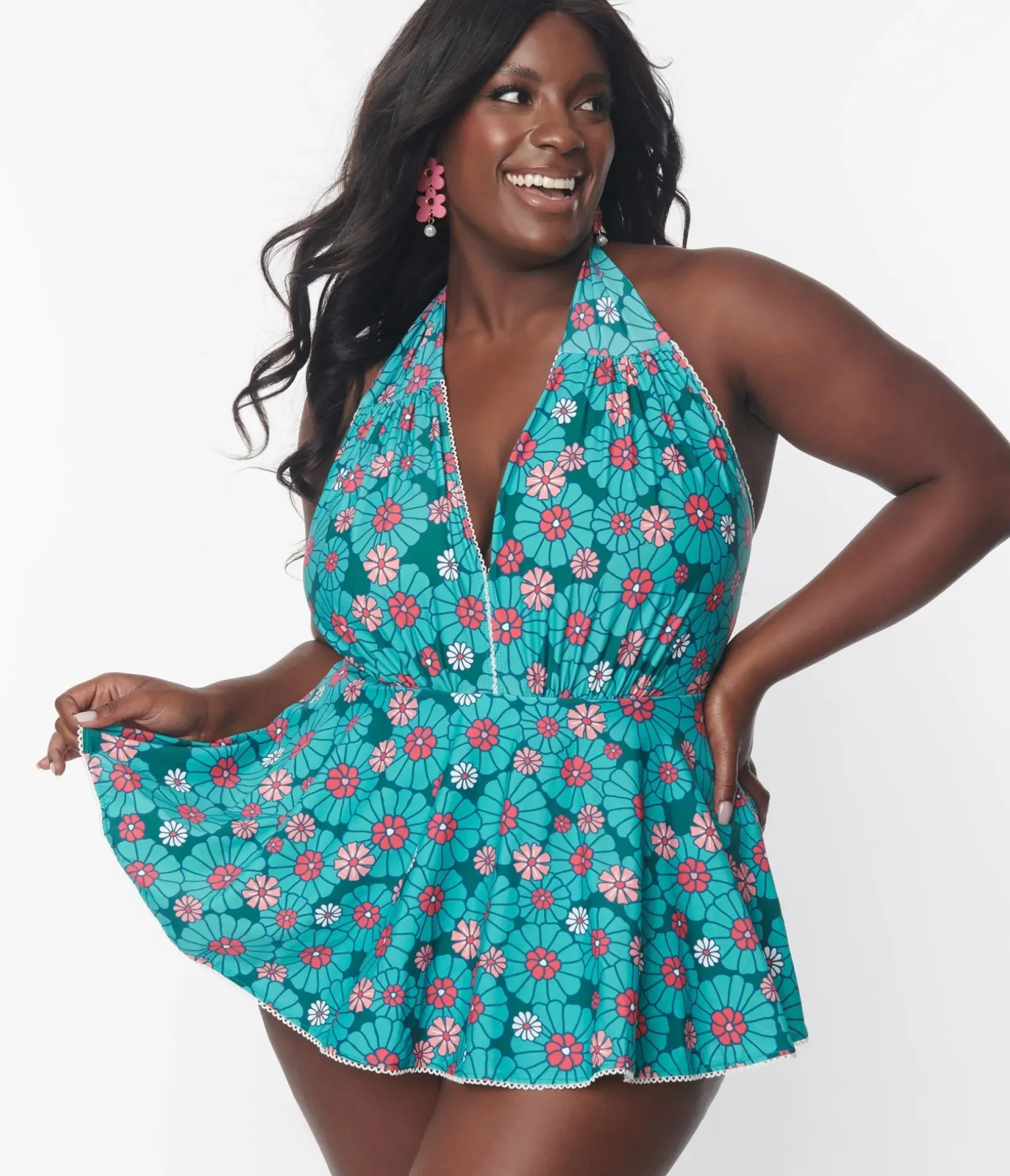 Unique Vintage One Piece Swim|One Piece Swim>Plus Size Teal Flower Child Skirted Wendy Swimsuit