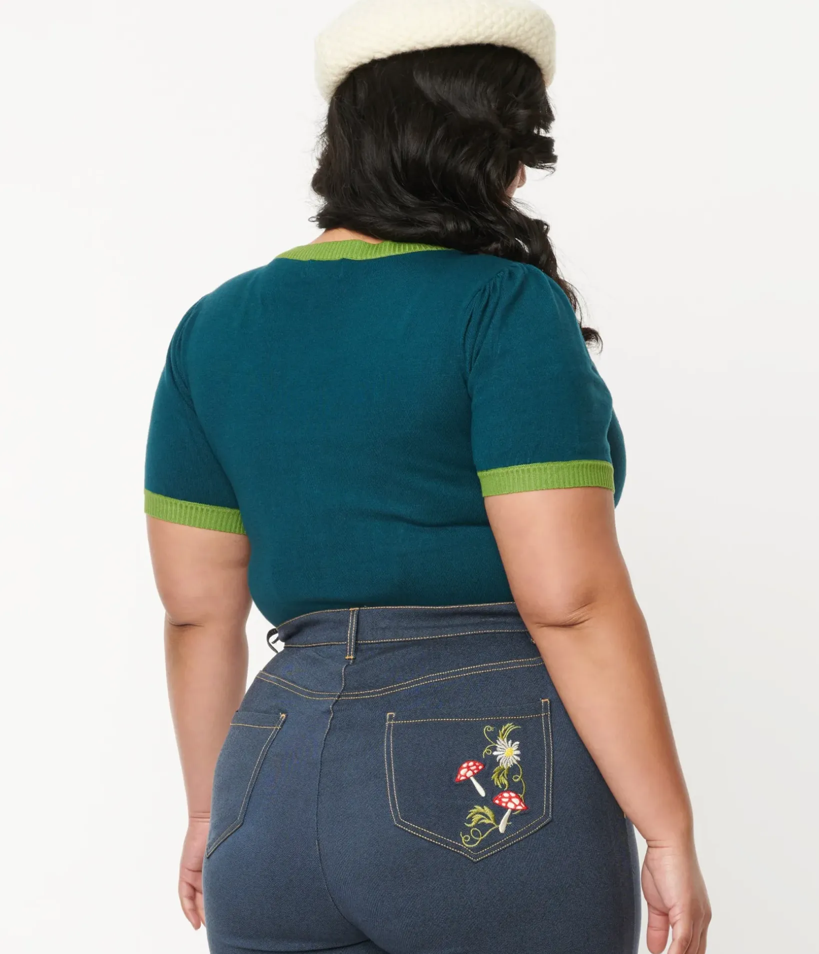 Unique Vintage Sweaters & Cardigans>Plus Size Teal Mushroom & Daisy Embroidered Cardigan