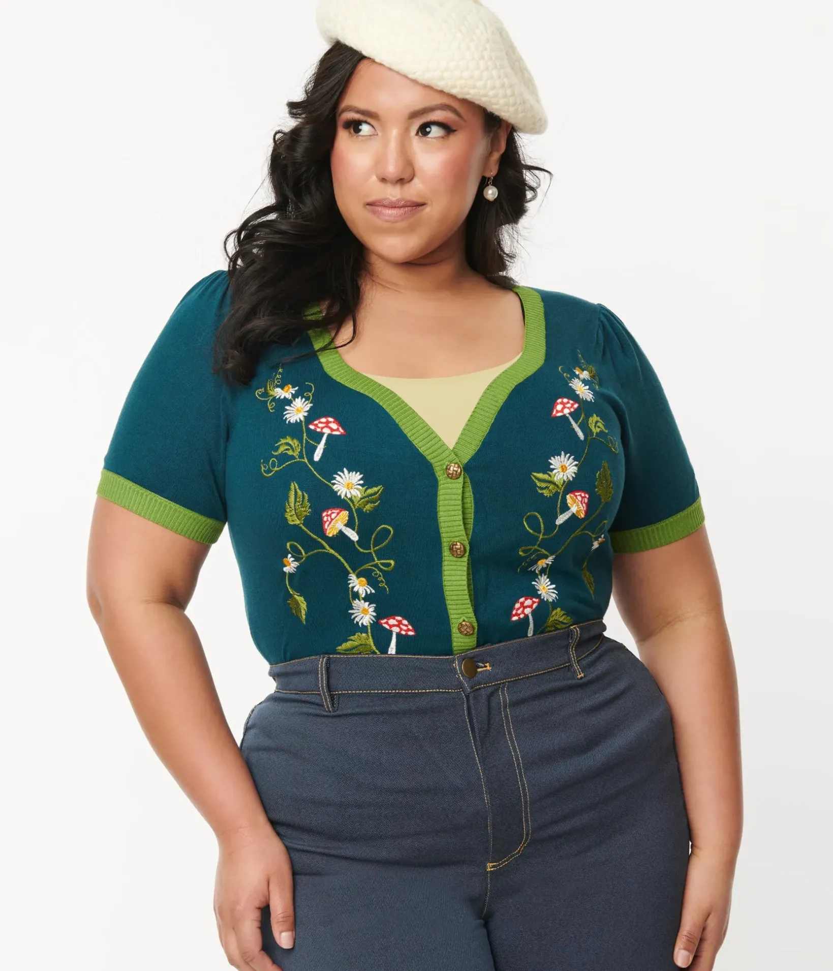 Unique Vintage Sweaters & Cardigans>Plus Size Teal Mushroom & Daisy Embroidered Cardigan