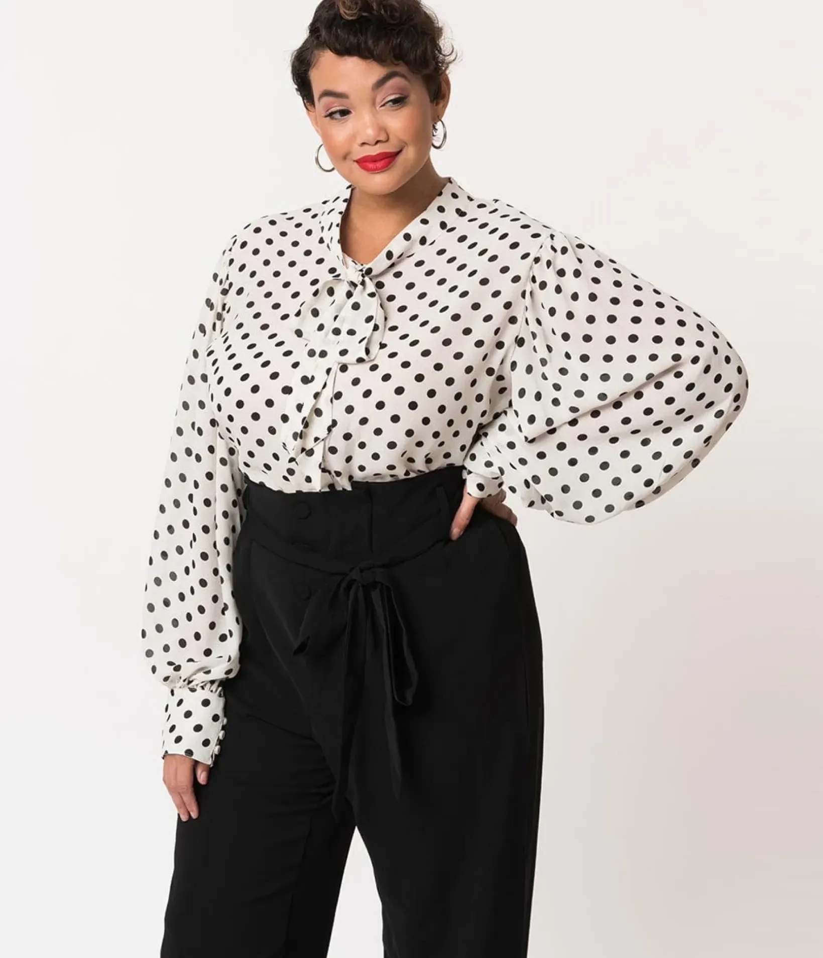 Unique Vintage Blouses|Blouses>Plus Size White & Black Polka Dot Neck Tie Gwen Blouse