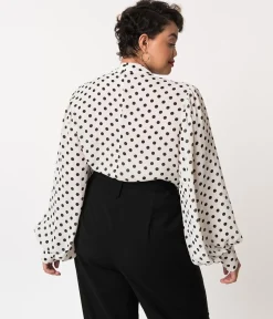 Unique Vintage Blouses|Blouses>Plus Size White & Black Polka Dot Neck Tie Gwen Blouse