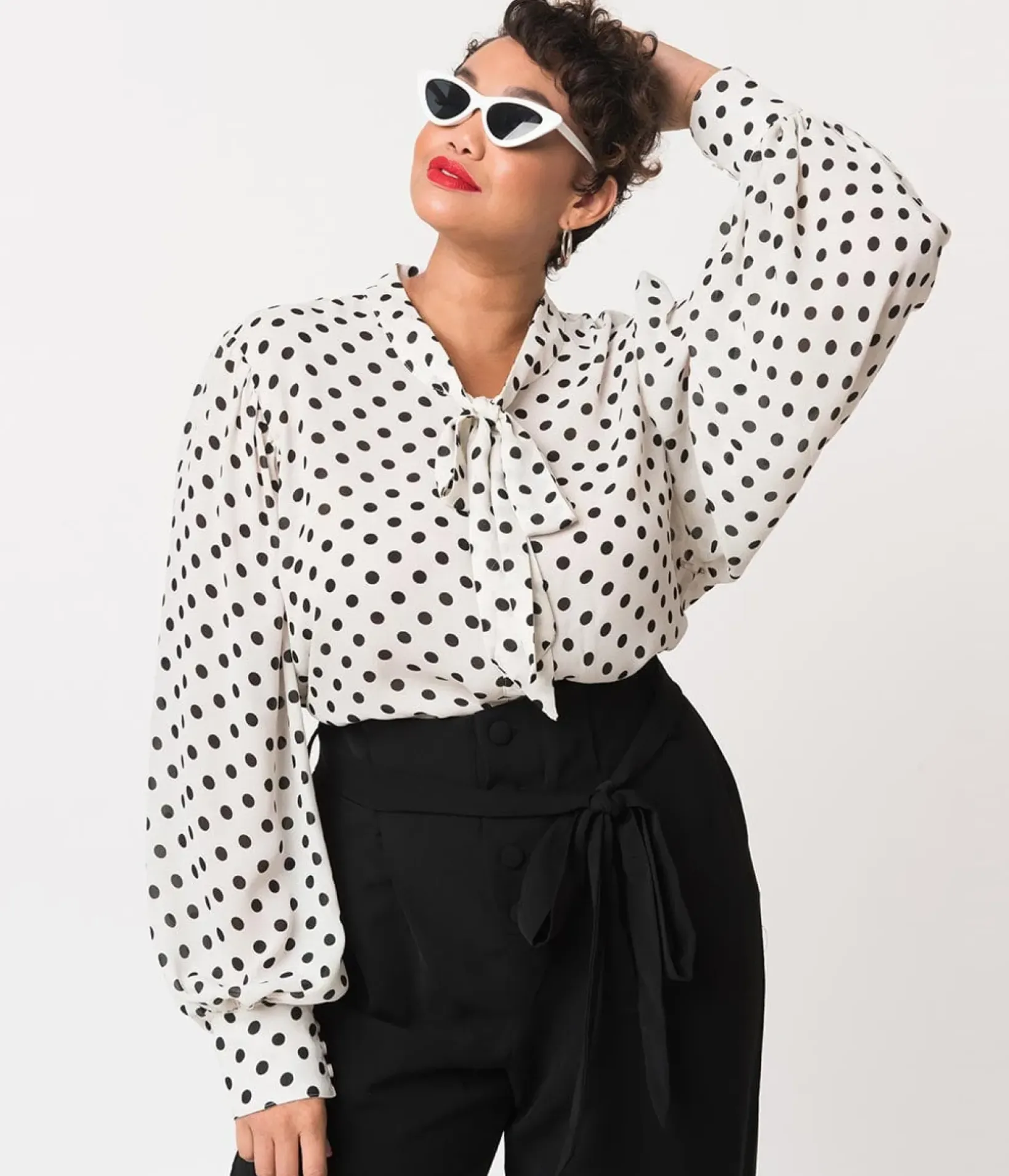 Unique Vintage Blouses|Blouses>Plus Size White & Black Polka Dot Neck Tie Gwen Blouse