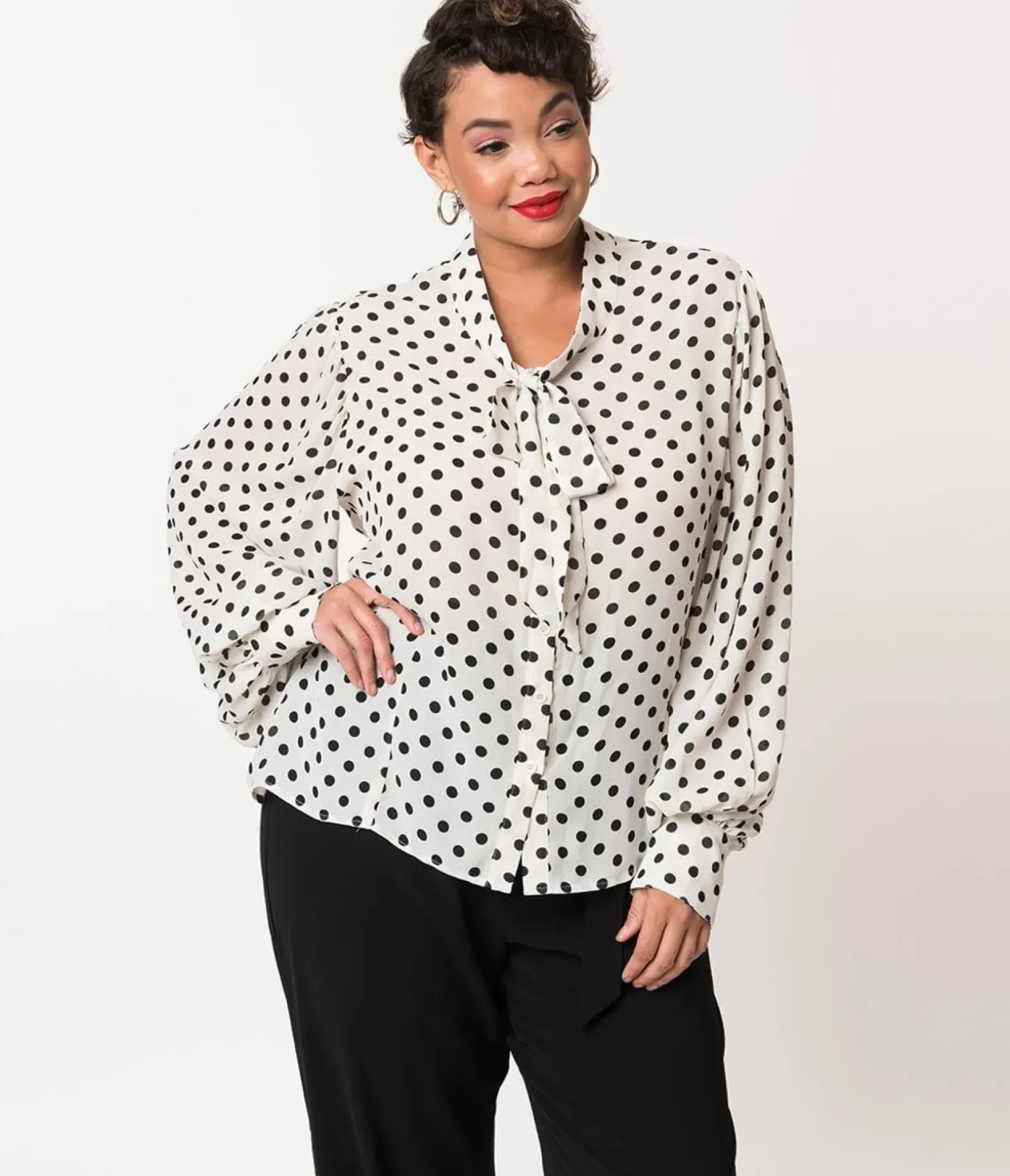 Unique Vintage Blouses|Blouses>Plus Size White & Black Polka Dot Neck Tie Gwen Blouse