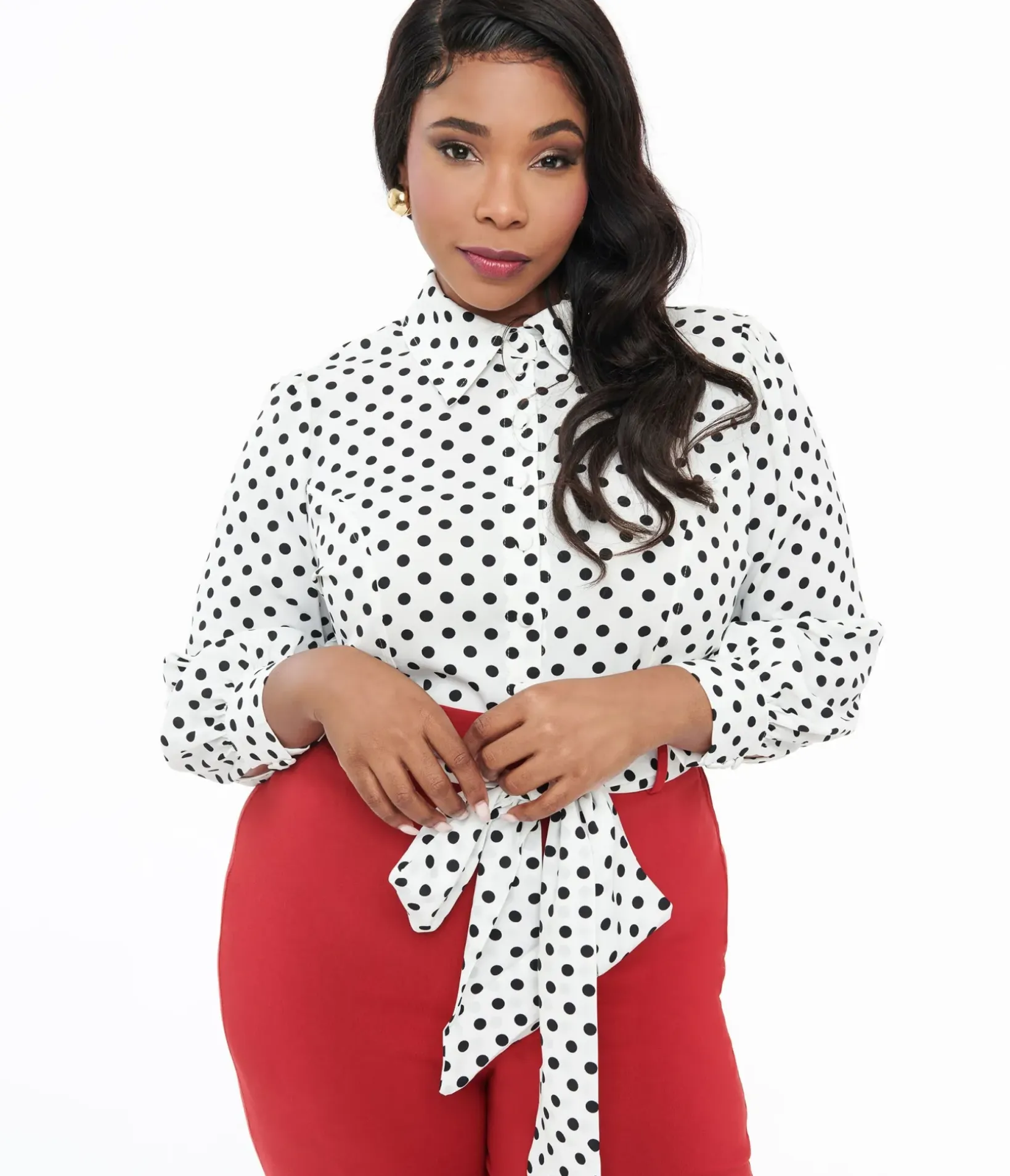 Unique Vintage All Things Black|Work Wear>Plus Size White & Black Polka Sashed Bodysuit