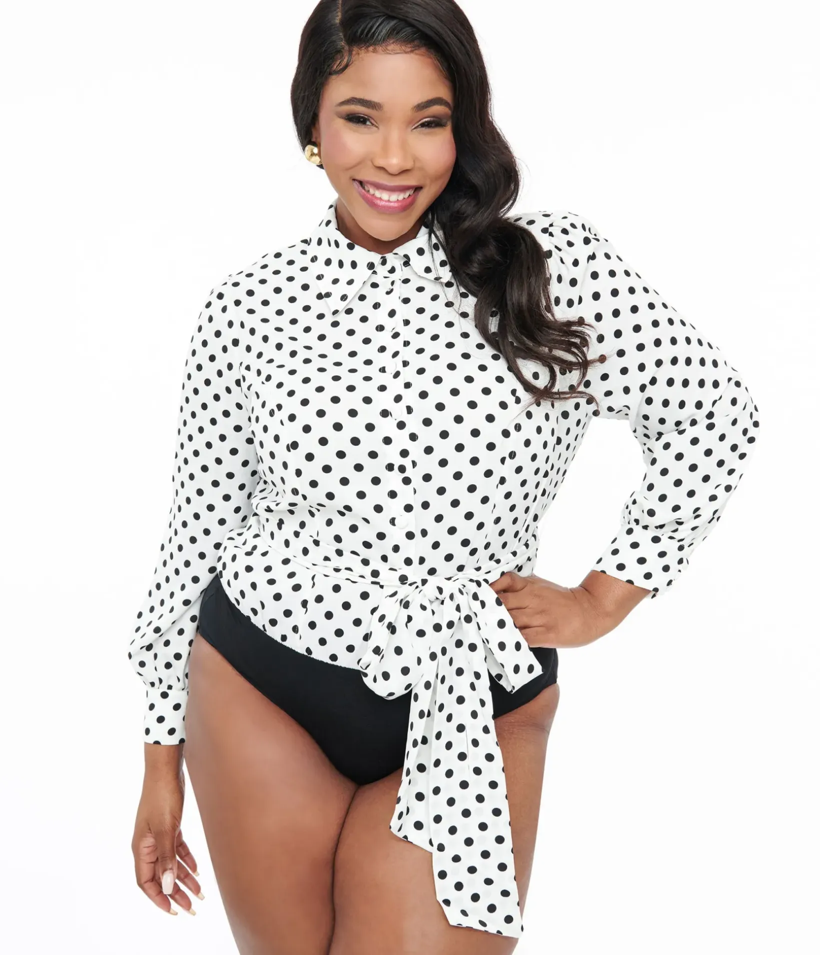 Unique Vintage All Things Black|Work Wear>Plus Size White & Black Polka Sashed Bodysuit